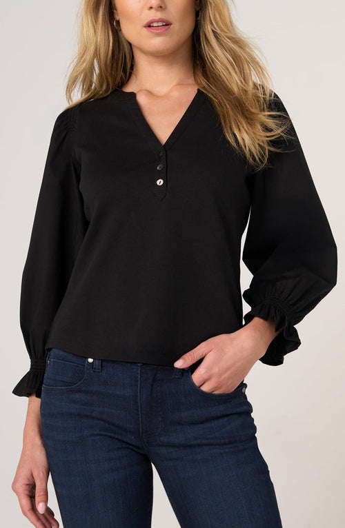 3/4 Sleeve Knit-to-Woven Top W/ Smocking
