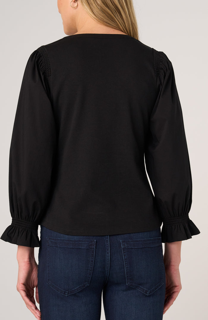 3/4 Sleeve Knit-to-Woven Top W/ Smocking