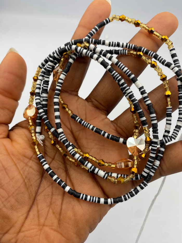 3PC Set- Black & White Vinyl Waist Bead- Clay beads- Flat disc waistbeads- 45”- 50”