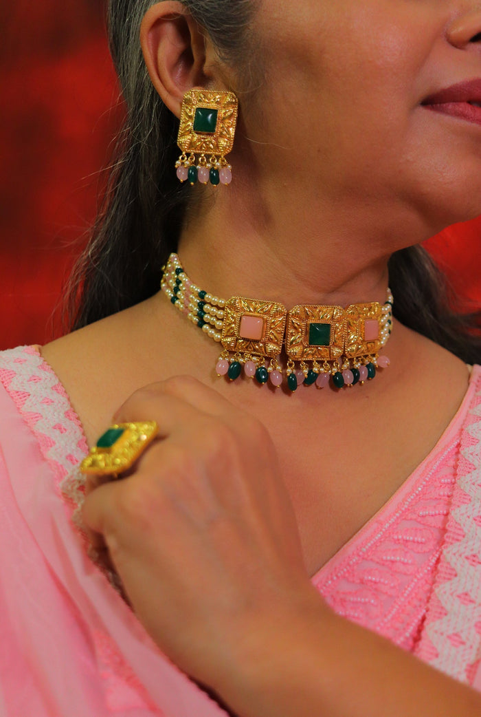 Aabroo choker Earing Ring Handcrafted Gold Plated