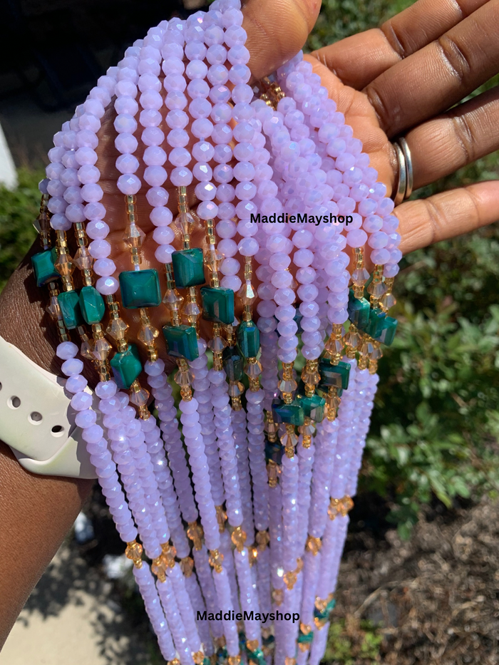 Abby | Lavender- Purple  & Emerald Green| Waist Bead Weightloss |  Waist Beads – Luxury Tie-On Beaded Jewelry | Crystal WaistBead  | Body Adornment & Weight Tracking- 45–Inches