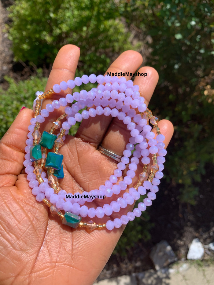 Abby | Lavender- Purple  & Emerald Green| Waist Bead Weightloss |  Waist Beads – Luxury Tie-On Beaded Jewelry | Crystal WaistBead  | Body Adornment & Weight Tracking- 45–Inches