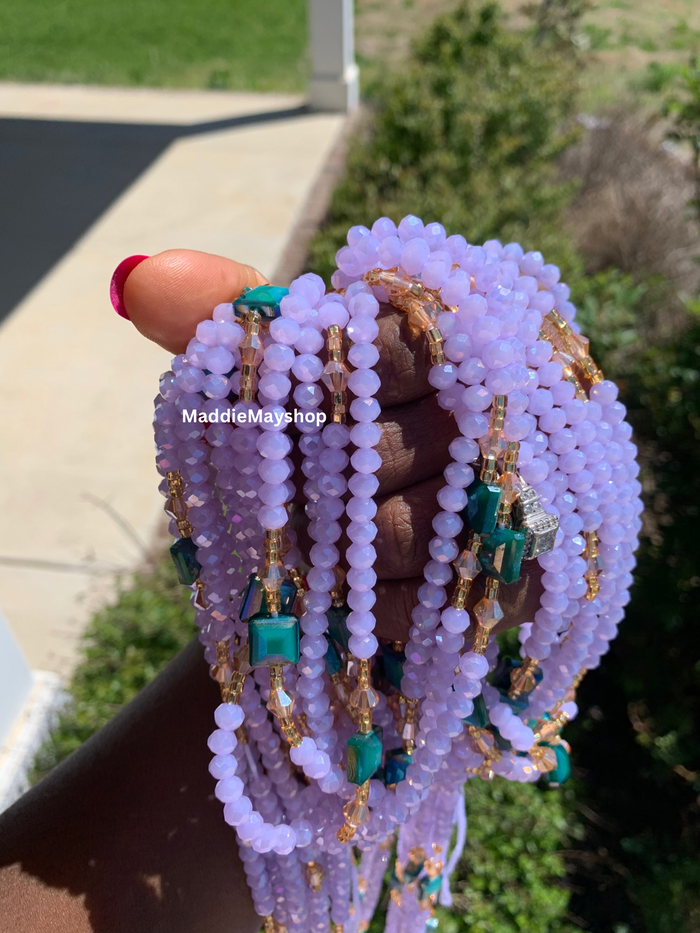 Abby | Lavender- Purple  & Emerald Green| Waist Bead Weightloss |  Waist Beads – Luxury Tie-On Beaded Jewelry | Crystal WaistBead  | Body Adornment & Weight Tracking- 45–Inches