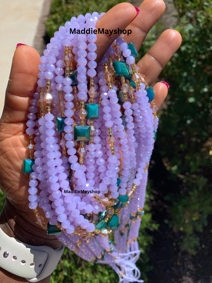 Abby | Lavender- Purple  & Emerald Green| Waist Bead Weightloss |  Waist Beads – Luxury Tie-On Beaded Jewelry | Crystal WaistBead  | Body Adornment & Weight Tracking- 45–Inches