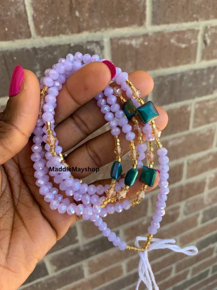 Abby | Lavender- Purple  & Emerald Green| Waist Bead Weightloss |  Waist Beads – Luxury Tie-On Beaded Jewelry | Crystal WaistBead  | Body Adornment & Weight Tracking- 45–Inches