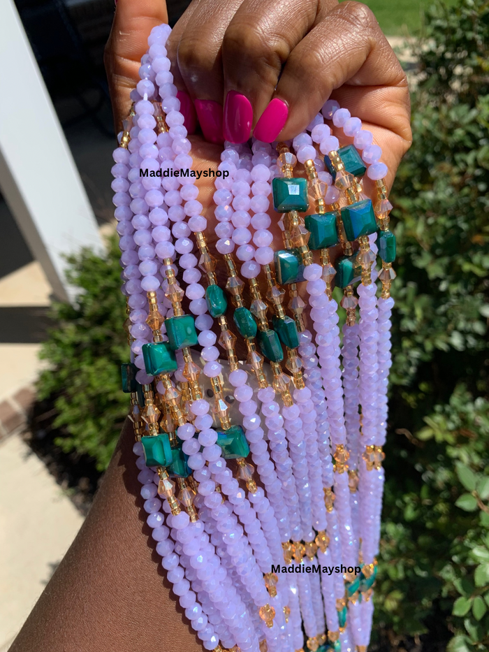 Abby | Lavender- Purple  & Emerald Green| Waist Bead Weightloss |  Waist Beads – Luxury Tie-On Beaded Jewelry | Crystal WaistBead  | Body Adornment & Weight Tracking- 45–Inches