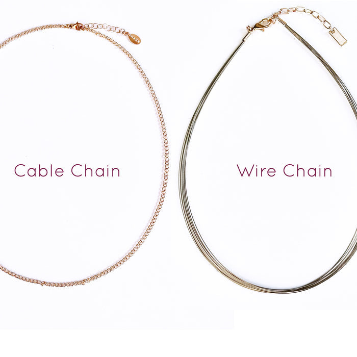 Two chain options for Necklace include an adjustable rose gold cable chain and an adjustable brown painted steel wire chain with rose gold plated parts