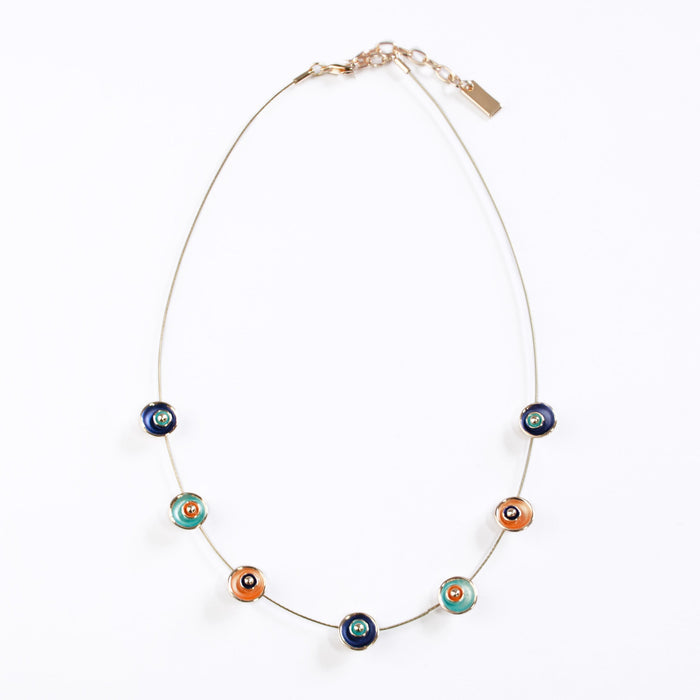 Adjustable Choker Necklace against a white background with a brown steel cable chain and seven rose gold plated circular flower charms painted in blue, teal, and orange