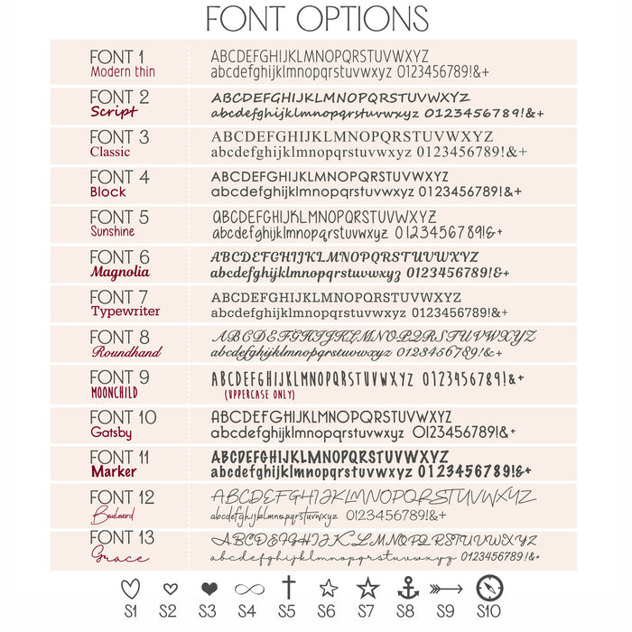 Font options engraving chart showing a variety of script and block lettering styles available for custom engraved jewelry. Choose your preferred font for names, dates, initials, or special messages to personalize bar necklaces, bracelets, rings, and other jewelry pieces. Perfect for creating meaningful, one-of-a-kind gifts for weddings, anniversaries, birthdays, and everyday wear.
