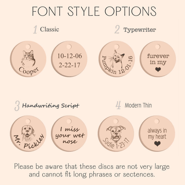 Font style options for custom pet portrait keychain engraving, showing different text styles for pet names, dates, or short messages. Personalization guide for engraved pet keychains, designed to help create a meaningful and unique pet keepsake gift for dog and cat owners.