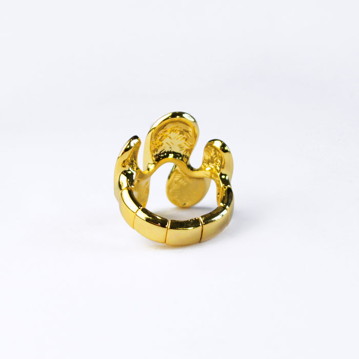 Back view of gold abstract waves ring against a white background. Ring is adjustable Size 7 and up. Model wears silver textured wave shaped ring on index finger. Stretchy ring, adjustable to fit ring, wave ring, nature inspired jewelry, boho jewelry, nature inspired ring, ocean ring, water ring, bohemian jewelry, zinc alloy, gold, silver, one size fits most, ring for her, mother's day git, christmas gift, gift for girlfriend