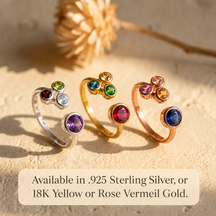 Mom of three birthstone rings in sterling silver , yellow gold and rose gold vermeil