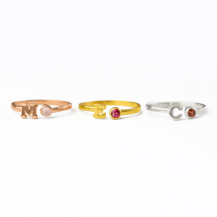 Adjustable Initial & Birthstone Ring