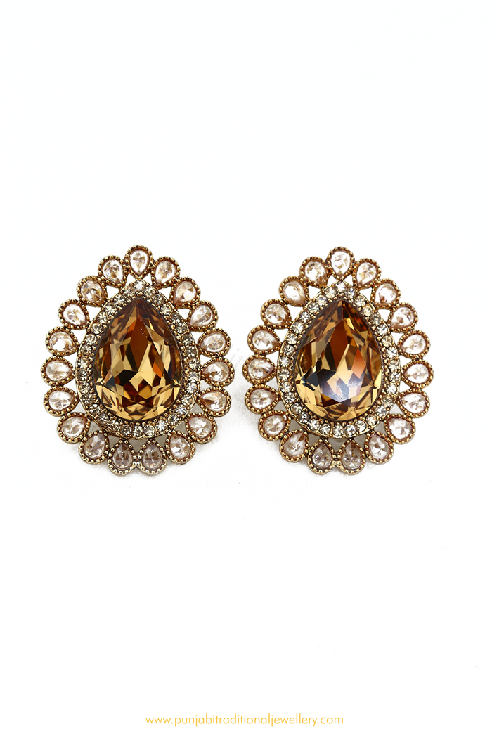 Antique Gold Finished Brown Polki Studs By PTJ