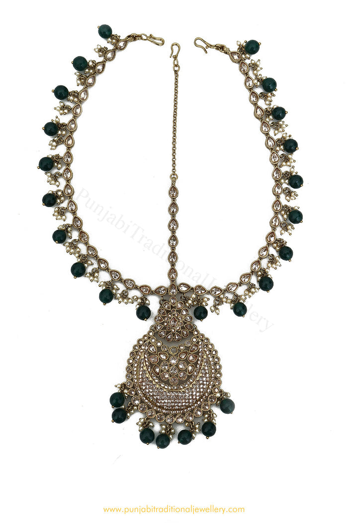 Antique Gold Finished Emerald Champagne Stone Matha Patti By PTJ Exclusive