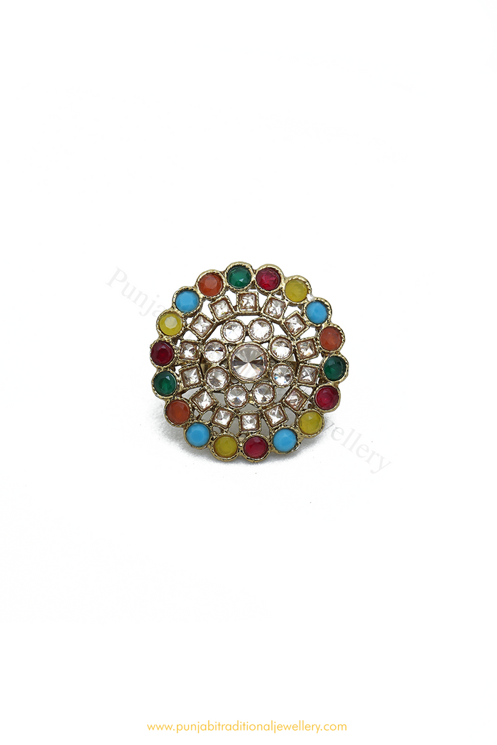 Antique Gold Finished Multi Champagne Stone Ring By PTJ