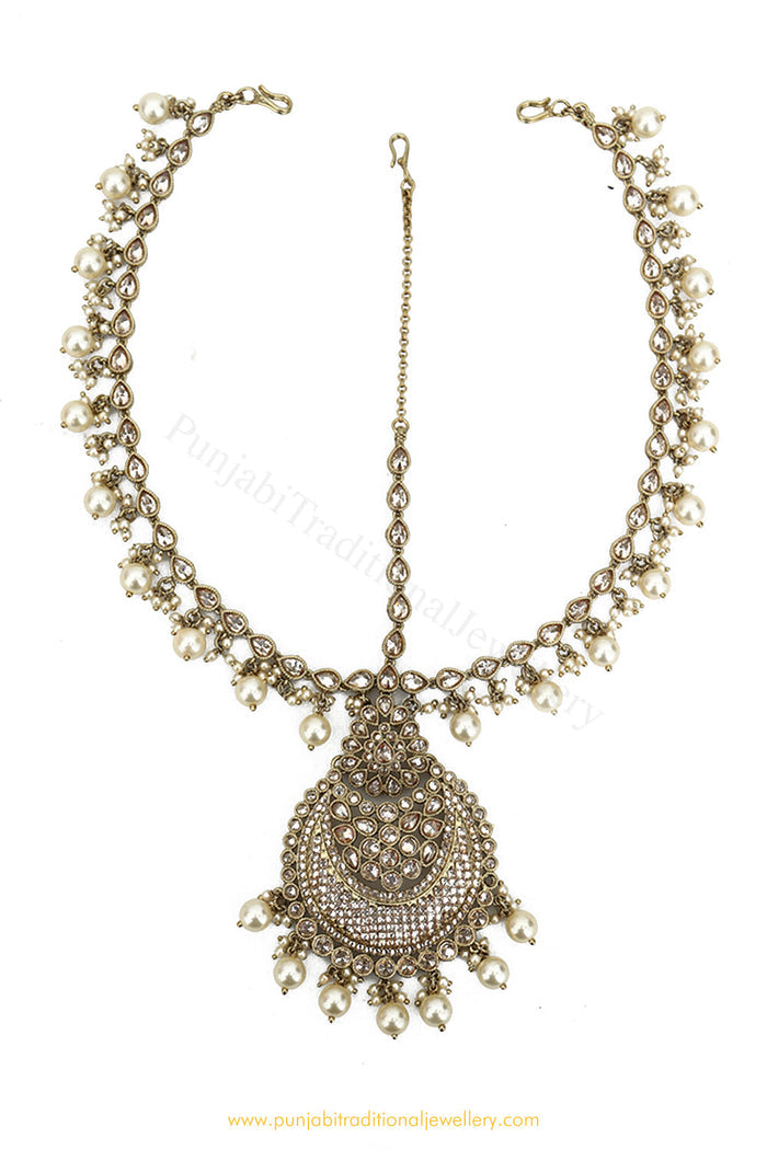 Antique Gold Finished Pearl Champagne Stone Matha Patti By PTJ Exclusive
