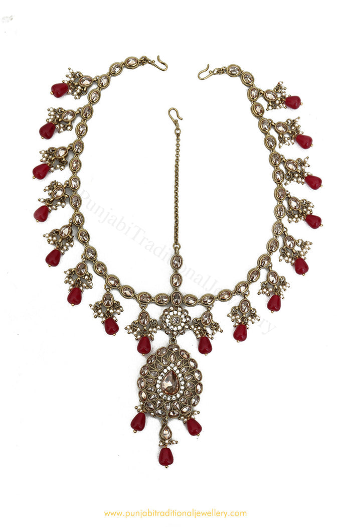 Antique Gold Finished Rubby Champagne Stone Matha Patti By PTJ Exclusive