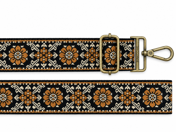 Bag Straps | Black and Gold Floral | Gold/Brass