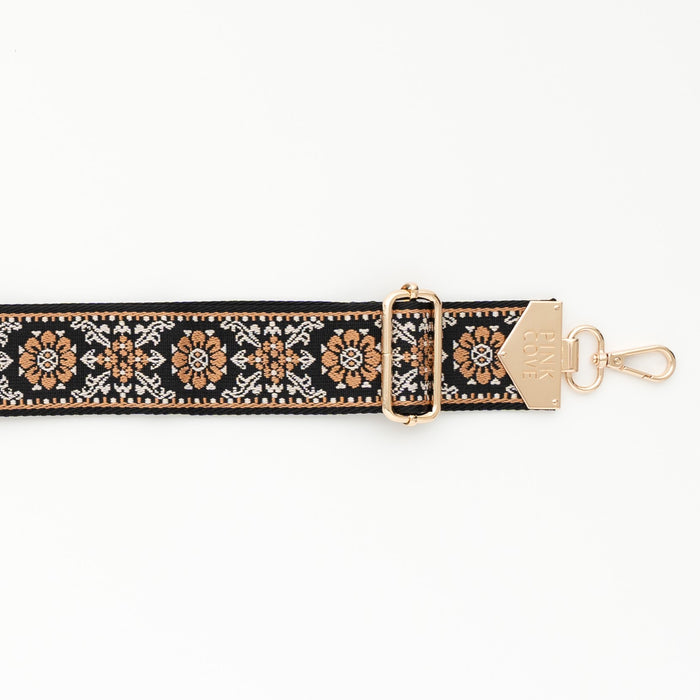 BAG STRAPS | BLACK AND RUST FLORAL | GOLD