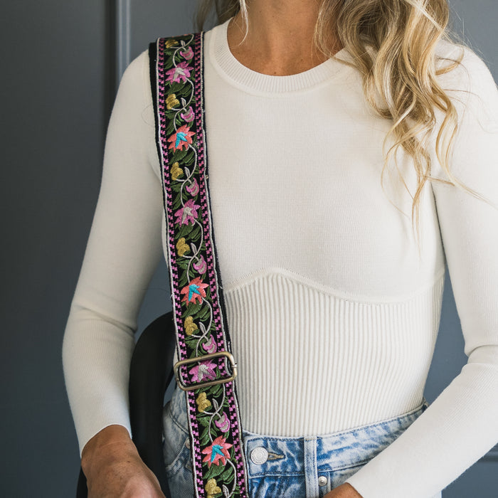 BAG STRAPS | PINK WILDFLOWER | BRASS