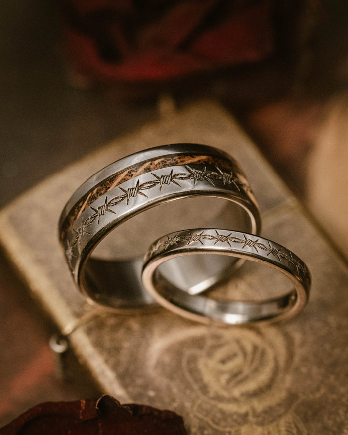 "VERTIGO" - BARBED WIRE ENGRAVED BAND WITH TATTOO PIGMENT INLAY-Staghead Designs