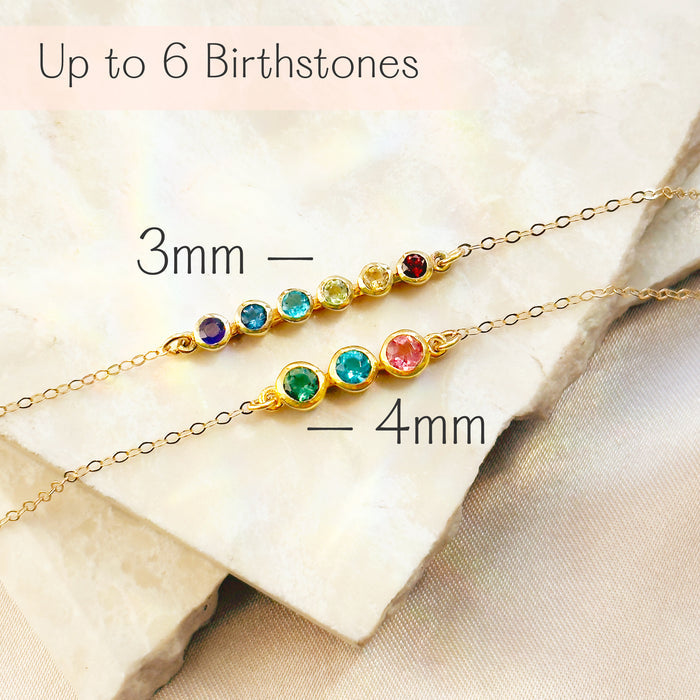 Birthstone anklet with 3mm and 4mm gemstone options, personalized with up to six birthstones for kids or grandkids.