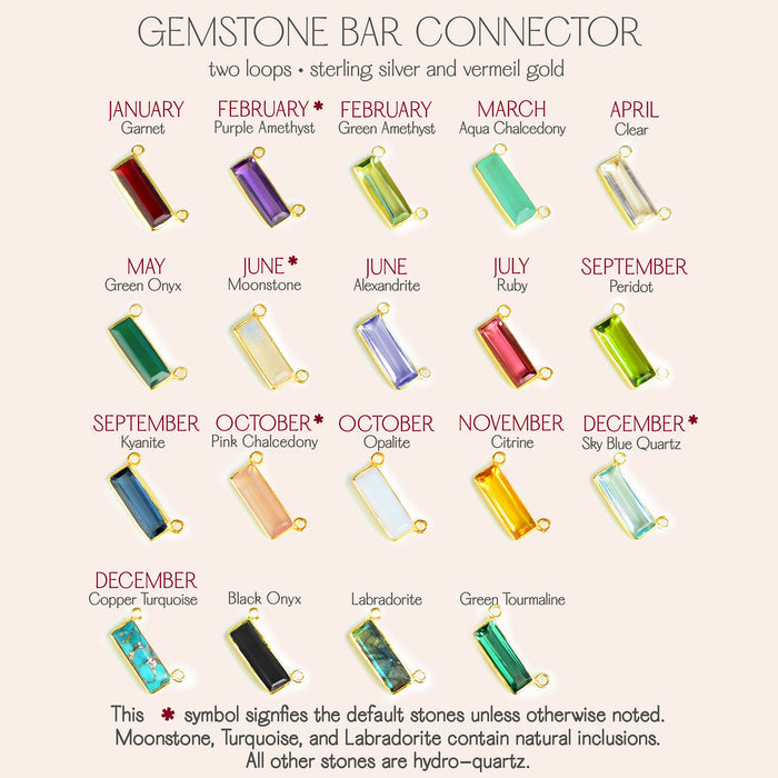 Many birthstones are available. Garnet, Purple Amethyst, Green Amethyst, Aqua Chalcedony, Clear Quartz, Green Onyx, Rainbow Moonstone, Alexandrite, Ruby, Peridot, Kyanite, Pink Chalcedony, Opalite, Citrine, Sky Blue Quartz, Copper Turquoise, Black Onyx, Labradorite, and Green Tourmaline.