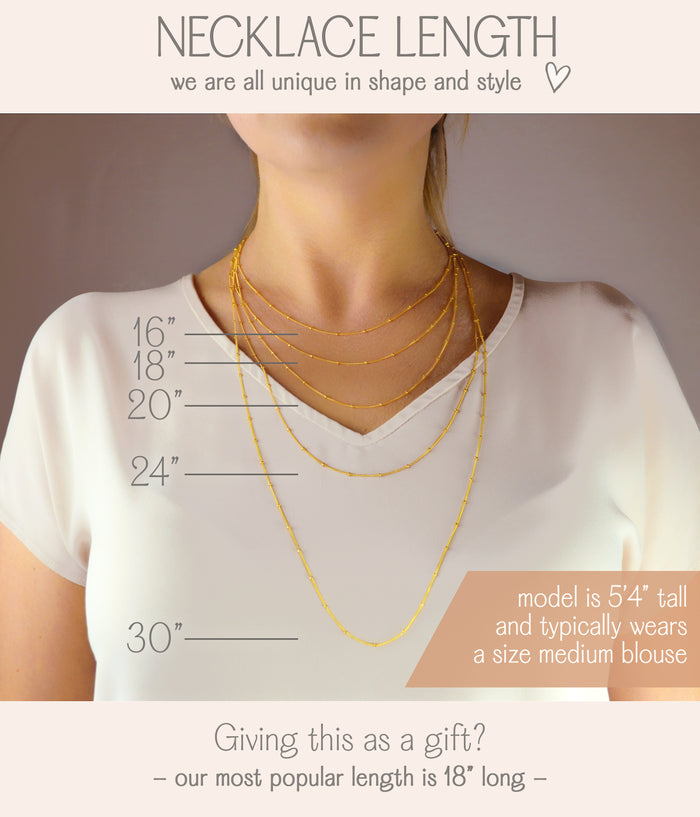 Necklace length options for 16", 18”, 20”, 24”, and 30" shown on model who is 5'4" tall and size medium