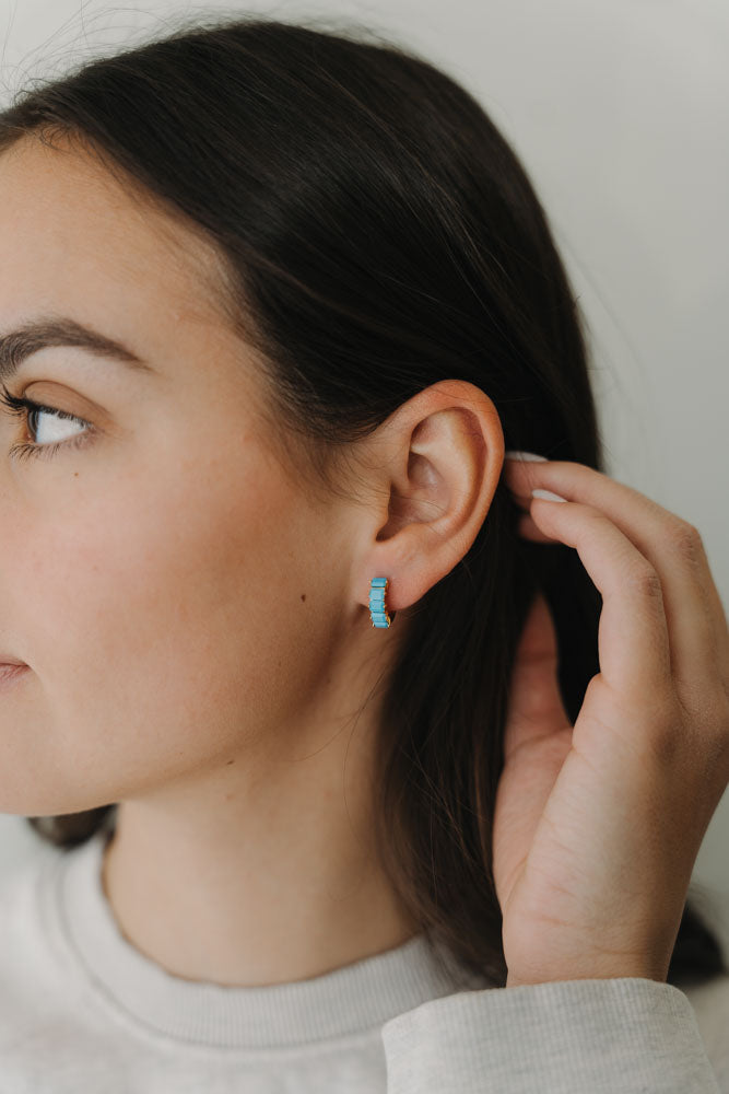Blue Baguette Huggie Earrings