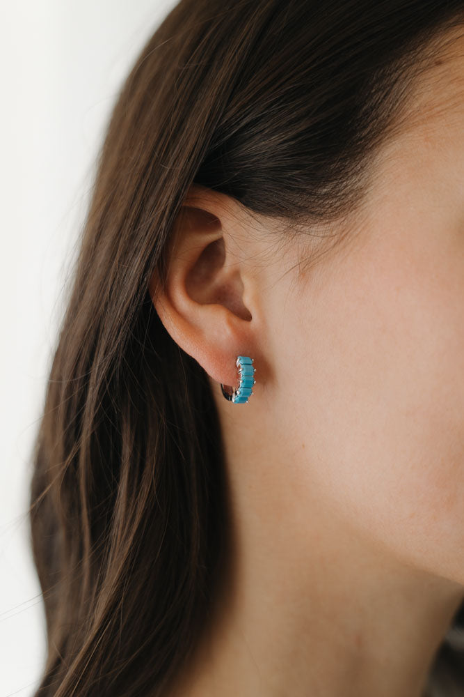 Blue Baguette Huggie Earrings