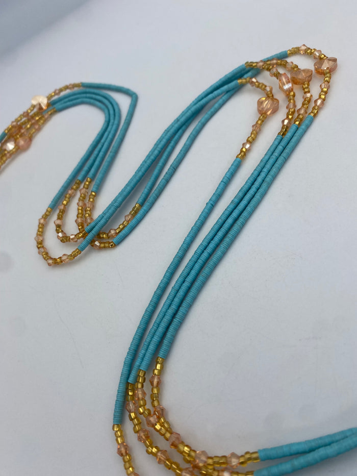 Blue Vinyl Flat Disc Waist Bead | Clay Beads African Waist Beads | Adjustable Tie-On 45”–50”