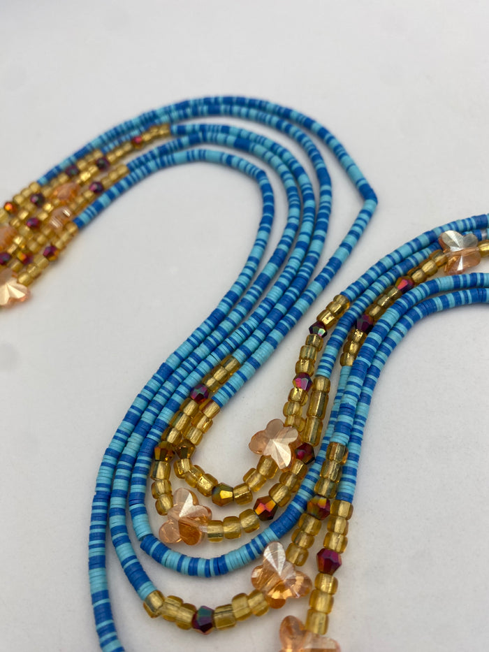 Blue Vinyl Flat Disc Waist Bead | Clay Beads African Waist Beads | Adjustable Tie-On 45”–50”