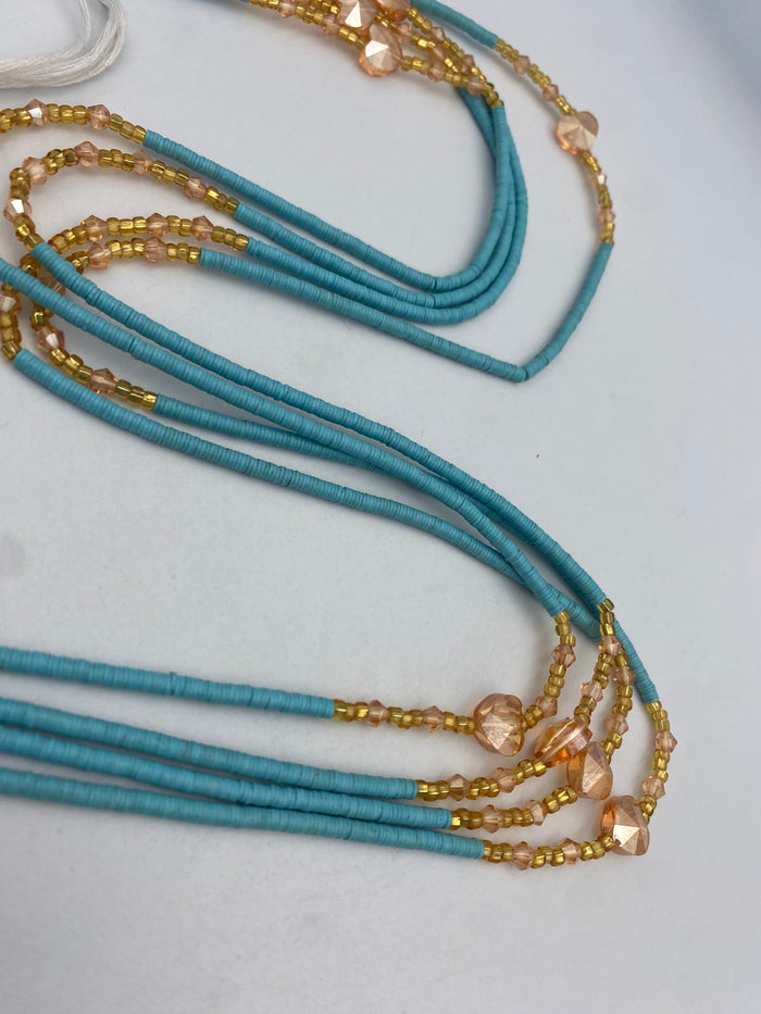 Blue Vinyl Flat Disc Waist Bead | Clay Beads African Waist Beads | Adjustable Tie-On 45”–50”