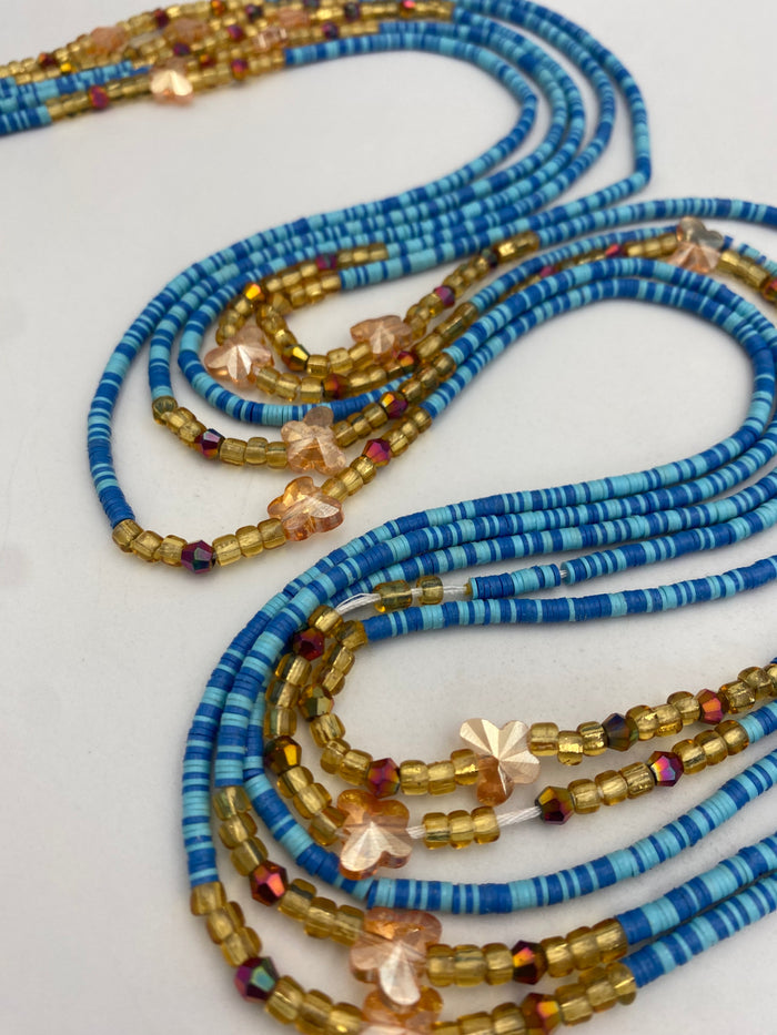 Blue Vinyl Flat Disc Waist Bead | Clay Beads African Waist Beads | Adjustable Tie-On 45”–50”