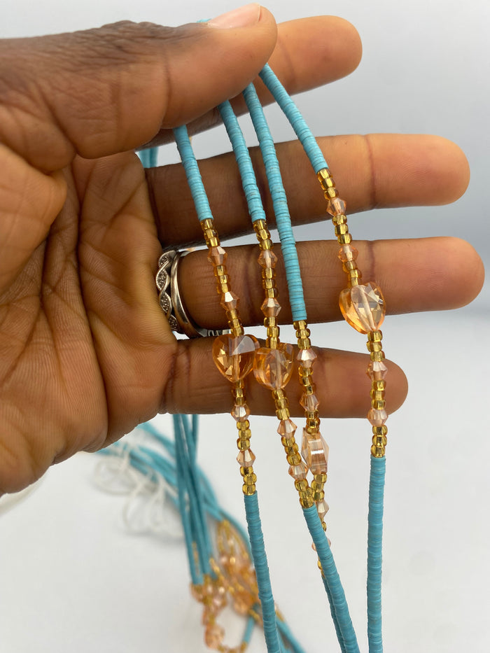 Blue Vinyl Flat Disc Waist Bead | Clay Beads African Waist Beads | Adjustable Tie-On 45”–50”