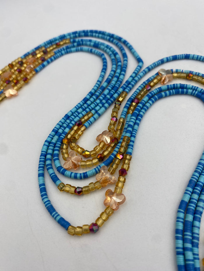 Blue Vinyl Flat Disc Waist Bead | Clay Beads African Waist Beads | Adjustable Tie-On 45”–50”