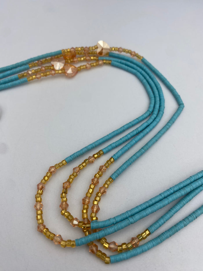 Blue Vinyl Flat Disc Waist Bead | Clay Beads African Waist Beads | Adjustable Tie-On 45”–50”
