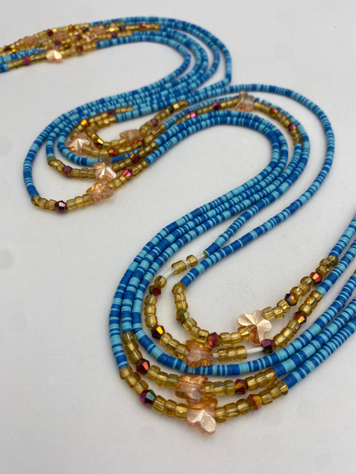 Blue Vinyl Flat Disc Waist Bead | Clay Beads African Waist Beads | Adjustable Tie-On 45”–50”