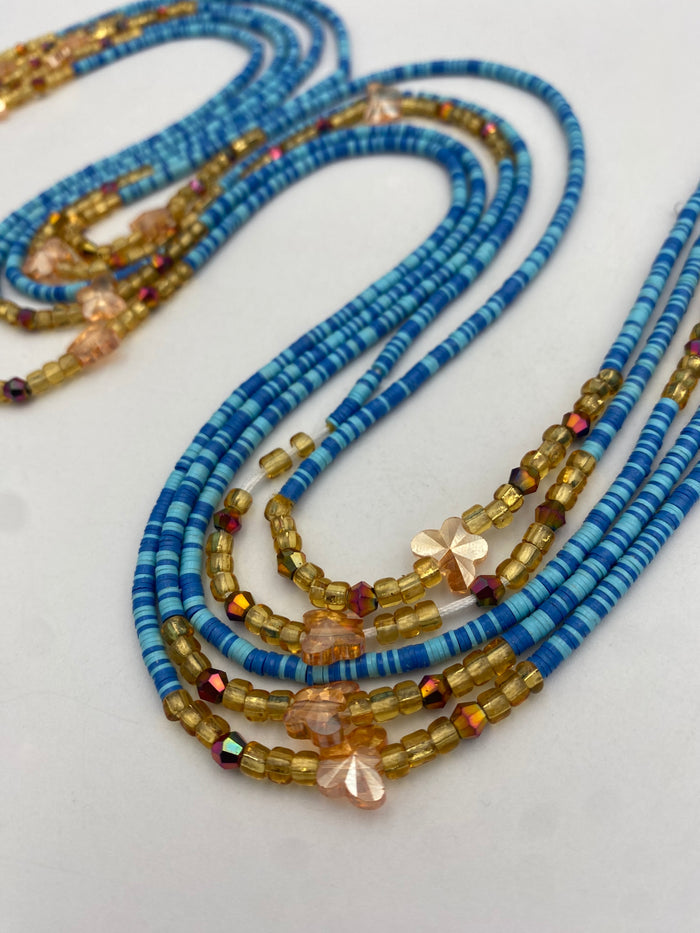 Blue Vinyl Flat Disc Waist Bead | Clay Beads African Waist Beads | Adjustable Tie-On 45”–50”