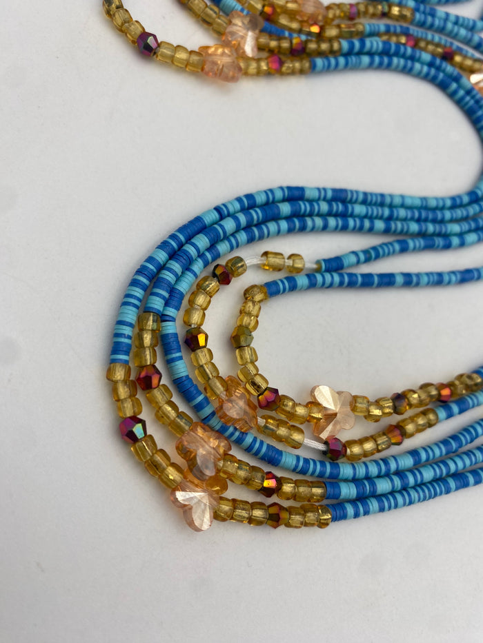 Blue Vinyl Flat Disc Waist Bead | Clay Beads African Waist Beads | Adjustable Tie-On 45”–50”