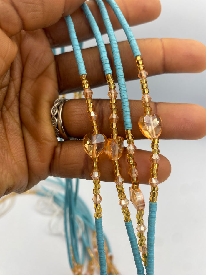 Blue Vinyl Flat Disc Waist Bead | Clay Beads African Waist Beads | Adjustable Tie-On 45”–50”