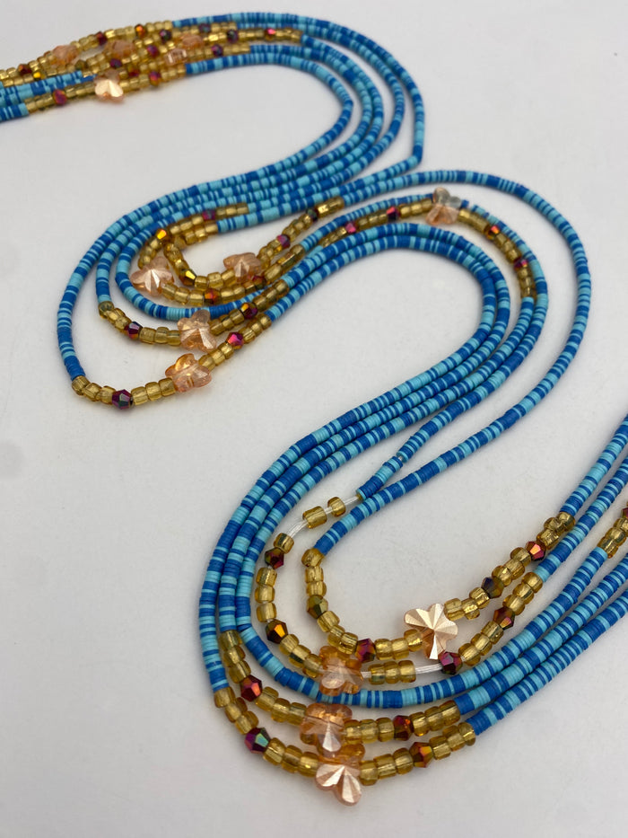 Blue Vinyl Flat Disc Waist Bead | Clay Beads African Waist Beads | Adjustable Tie-On 45”–50”