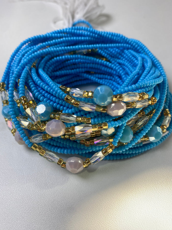 Blue Waist Beads – Tie-On African Waist Bead Strand for Women, 45-50 Inches Adjustable, Body Jewelry for Adornment, Promoting Body Positivty & Weight Managemen