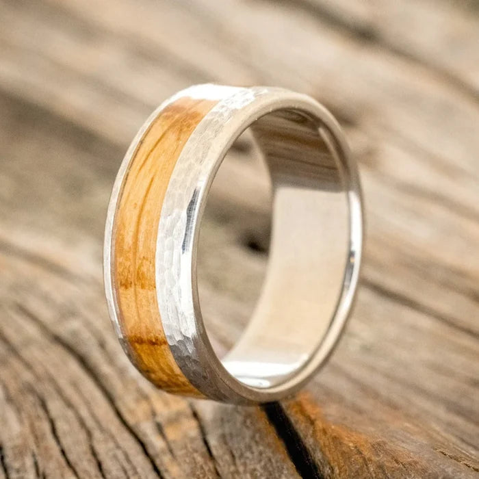 "CASTOR" - WHISKEY BARREL OAK WEDDING RING WITH A HAMMERED FINISH - TITANIUM - SIZE 5 3/4-Staghead Designs