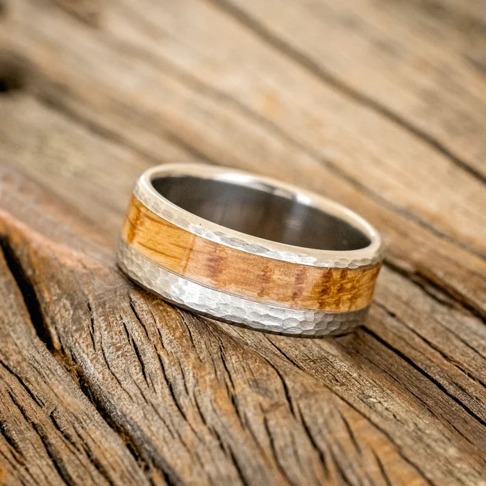 "CASTOR" - WHISKEY BARREL OAK WEDDING RING WITH A HAMMERED FINISH - TITANIUM - SIZE 5 3/4-Staghead Designs