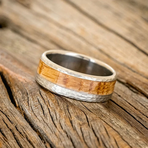 "CASTOR" - WHISKEY BARREL OAK WEDDING RING WITH A HAMMERED FINISH - TITANIUM - SIZE 5 3/4-Staghead Designs