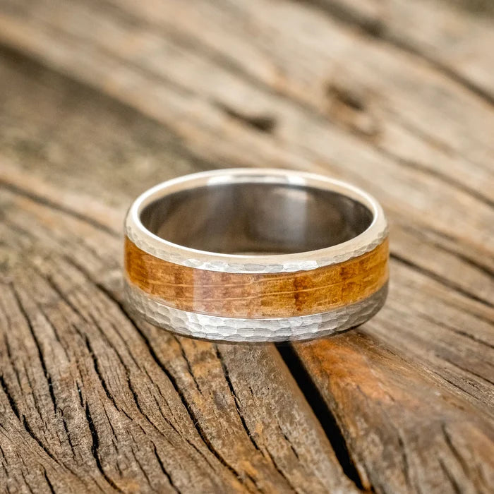 "CASTOR" - WHISKEY BARREL OAK WEDDING RING WITH A HAMMERED FINISH - TITANIUM - SIZE 5 3/4-Staghead Designs