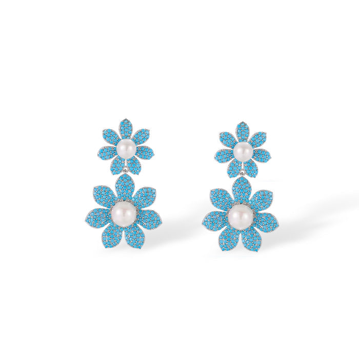 Cendrine Blue Floral Pearl Drop Earrings