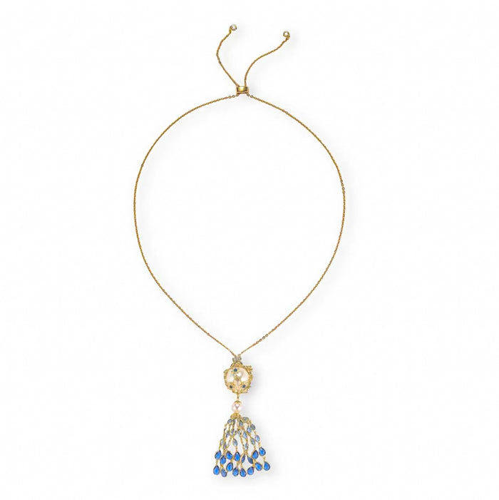 Charette Blue Cage Pearl Starburst Tassel Necklace